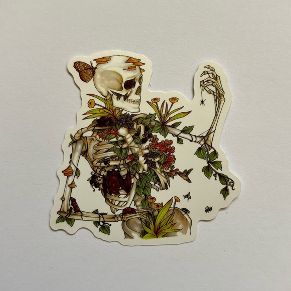 Leaning Skeleton Full Of Flowers Waterproof Sticker - Picture 1 of 2